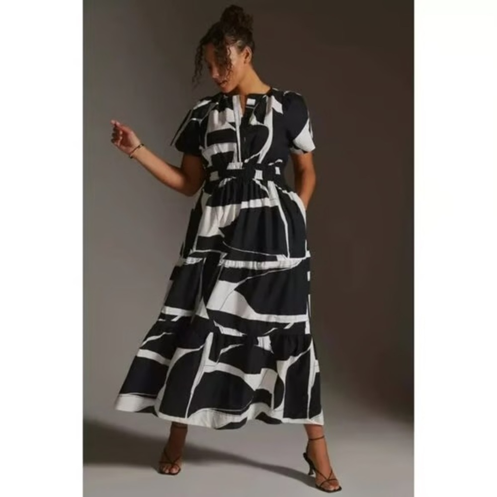 Anthropologie (XXS) Maeve Somerset Tiere Maxi Dress Black/White Abstract Print - Picture 2 of 9